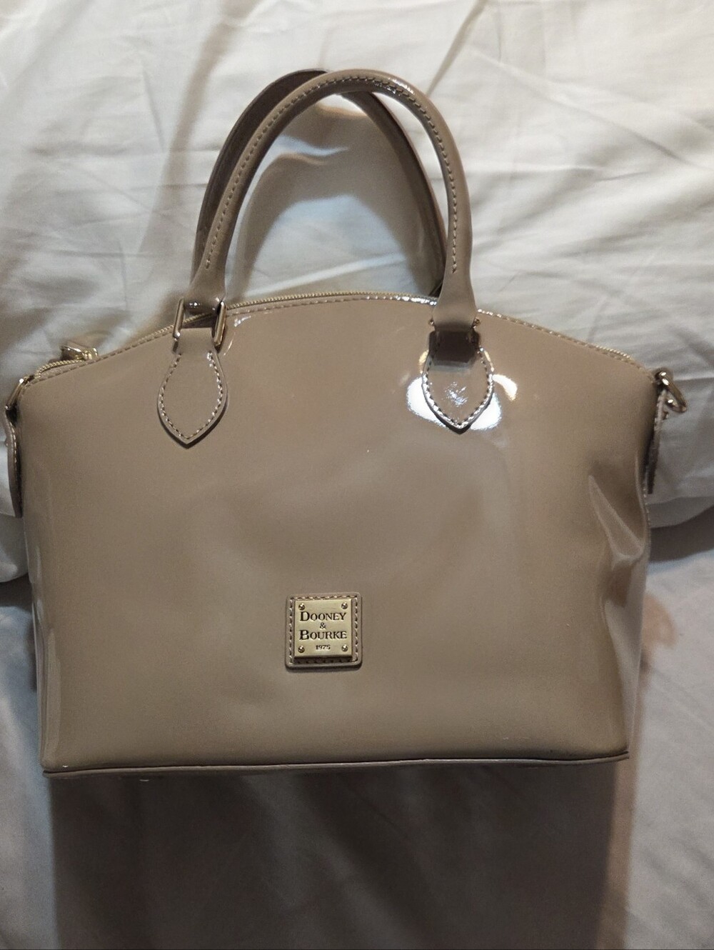 Dooney & Bourke Cara Satchel Tag - Light Taupe Patent Leather